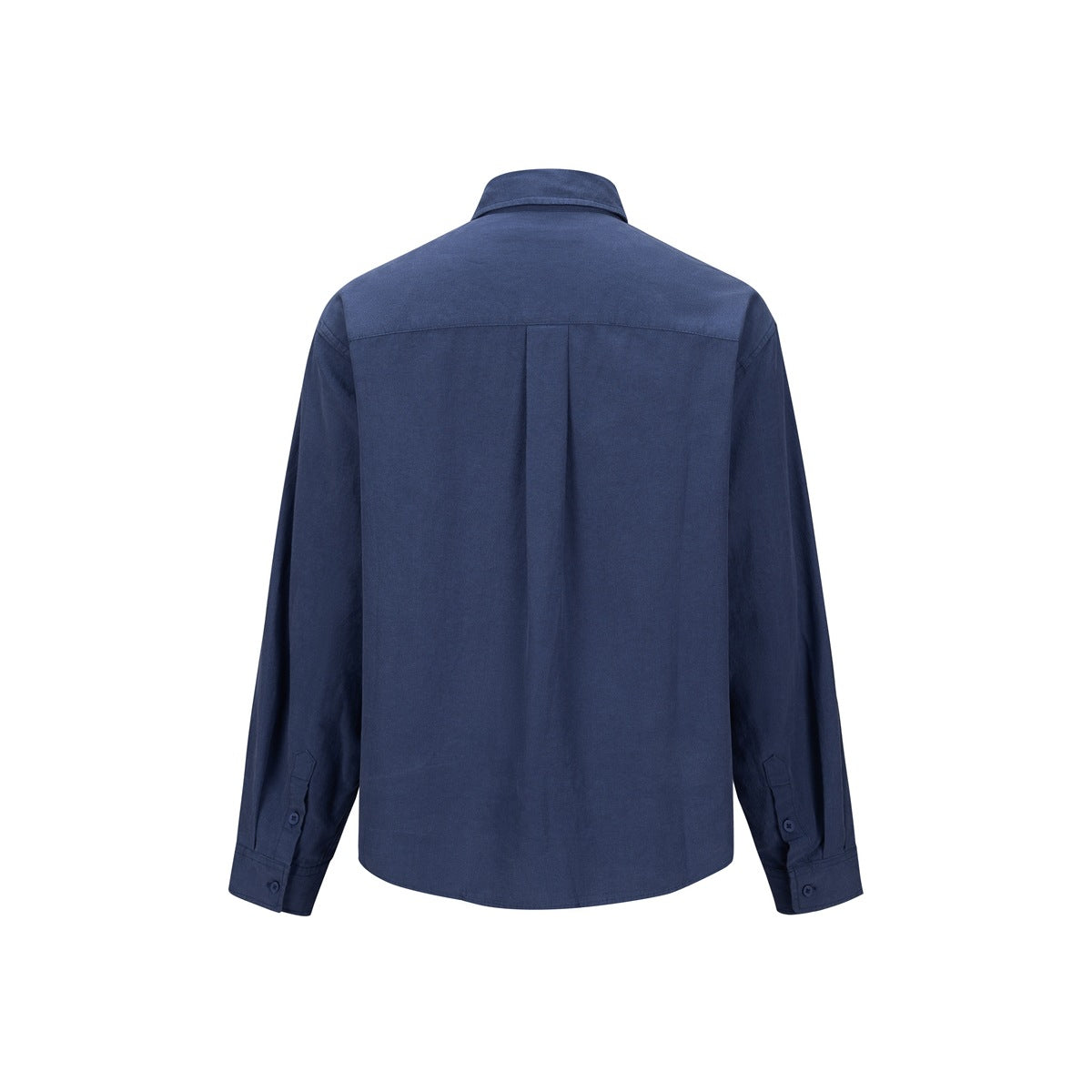 Blue long-sleeve button-up shirt shown from the back, with a center back pleat.