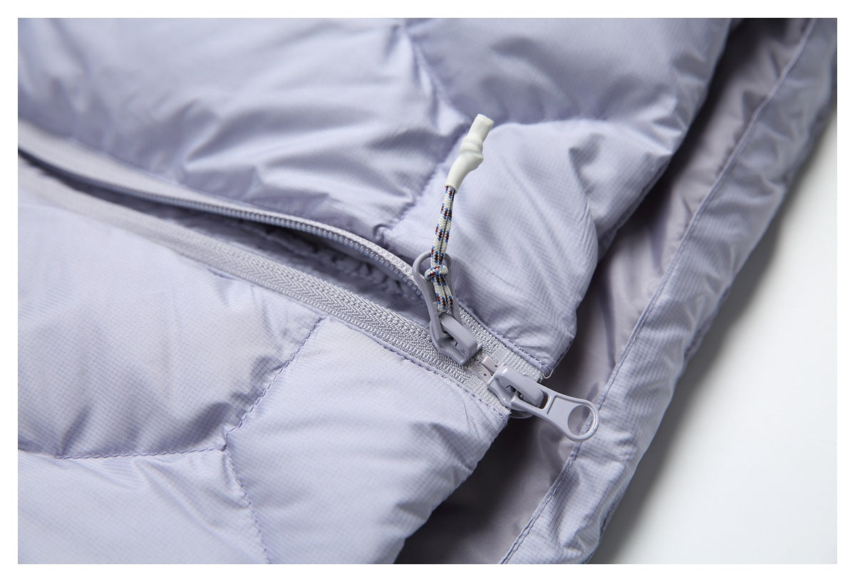 Close-up of the pale lavender jacket's front zipper with corded pull and padded panels.