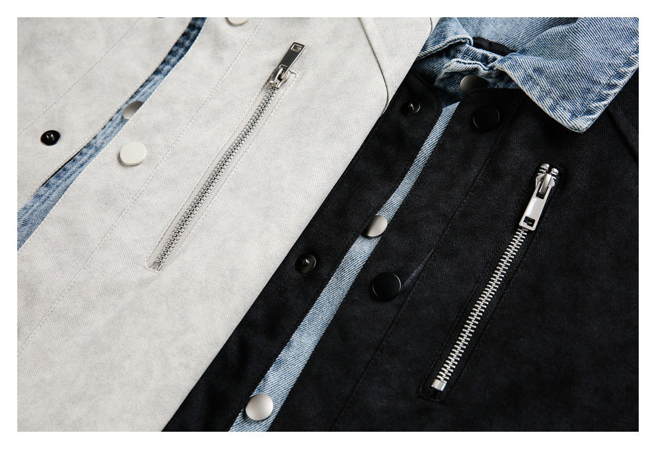 Close-up of black and light gray jacket colorways with blue denim trim, snap buttons, and zip pockets.