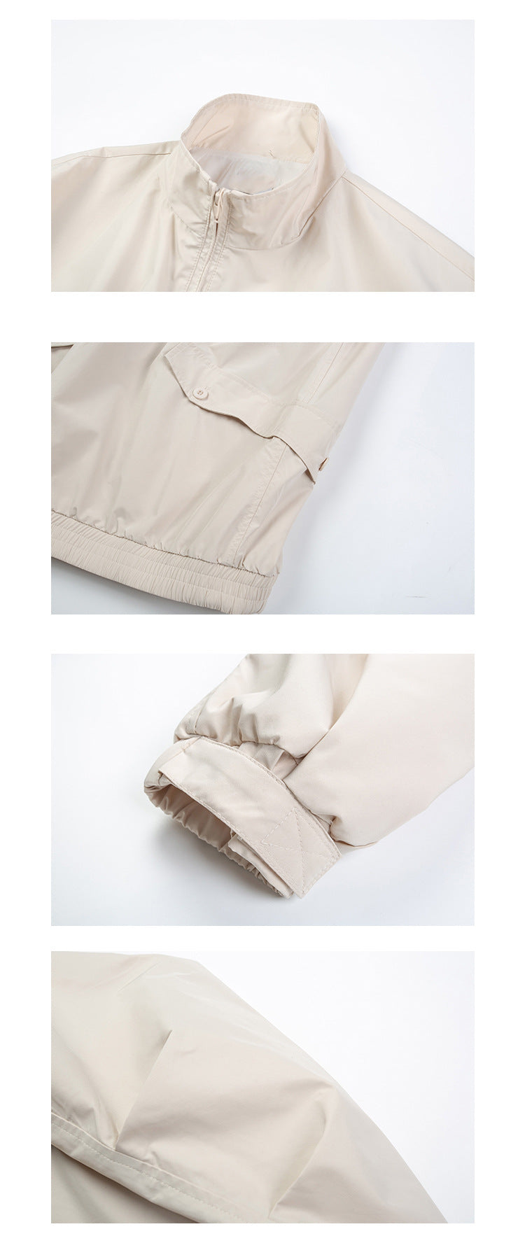 Close-up views of an ivory jacket showing its stand collar and zipper, flap pocket, elastic cuff, and sleeve seam.