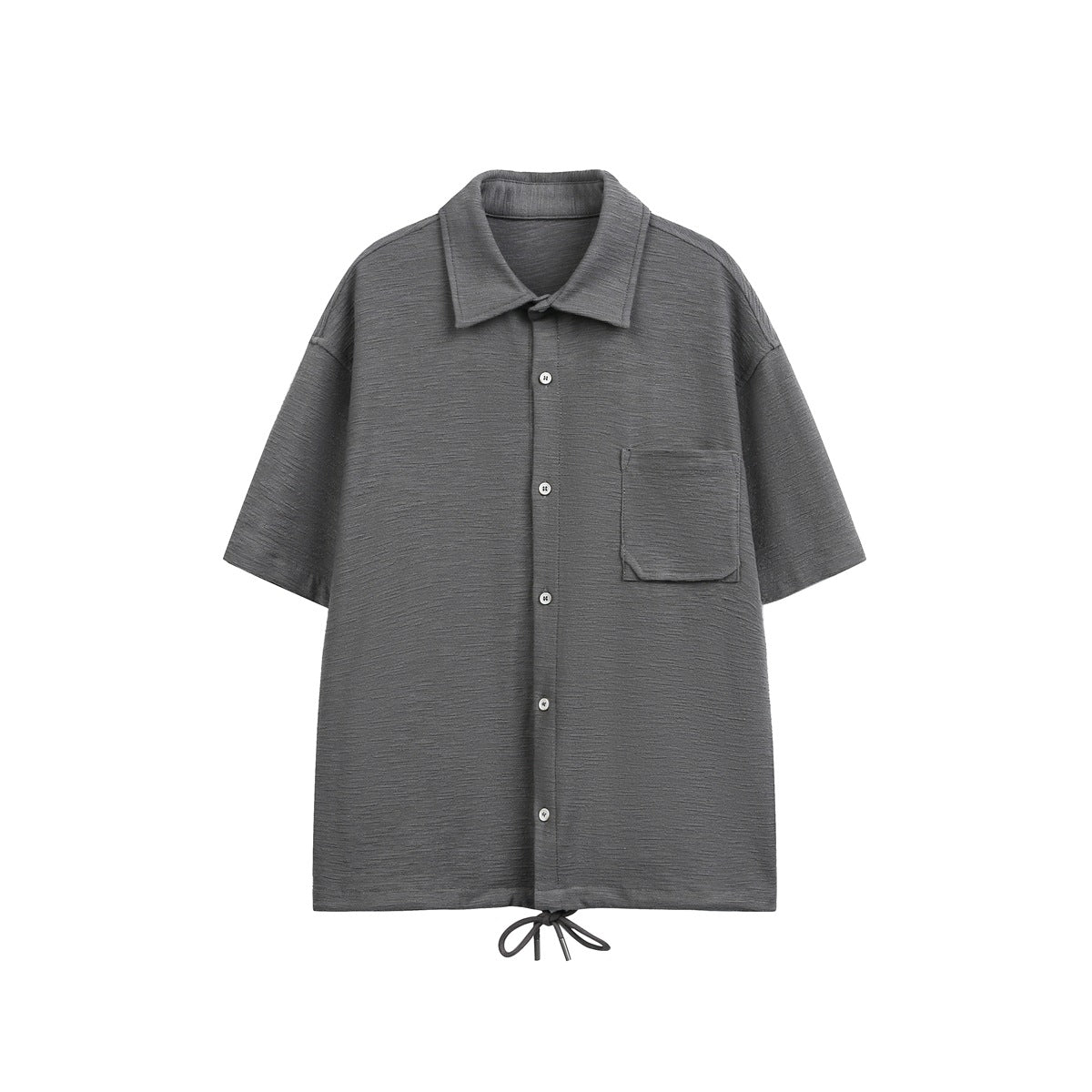 Gray short-sleeve button-up shirt with chest pocket and drawstring hem, flat front view