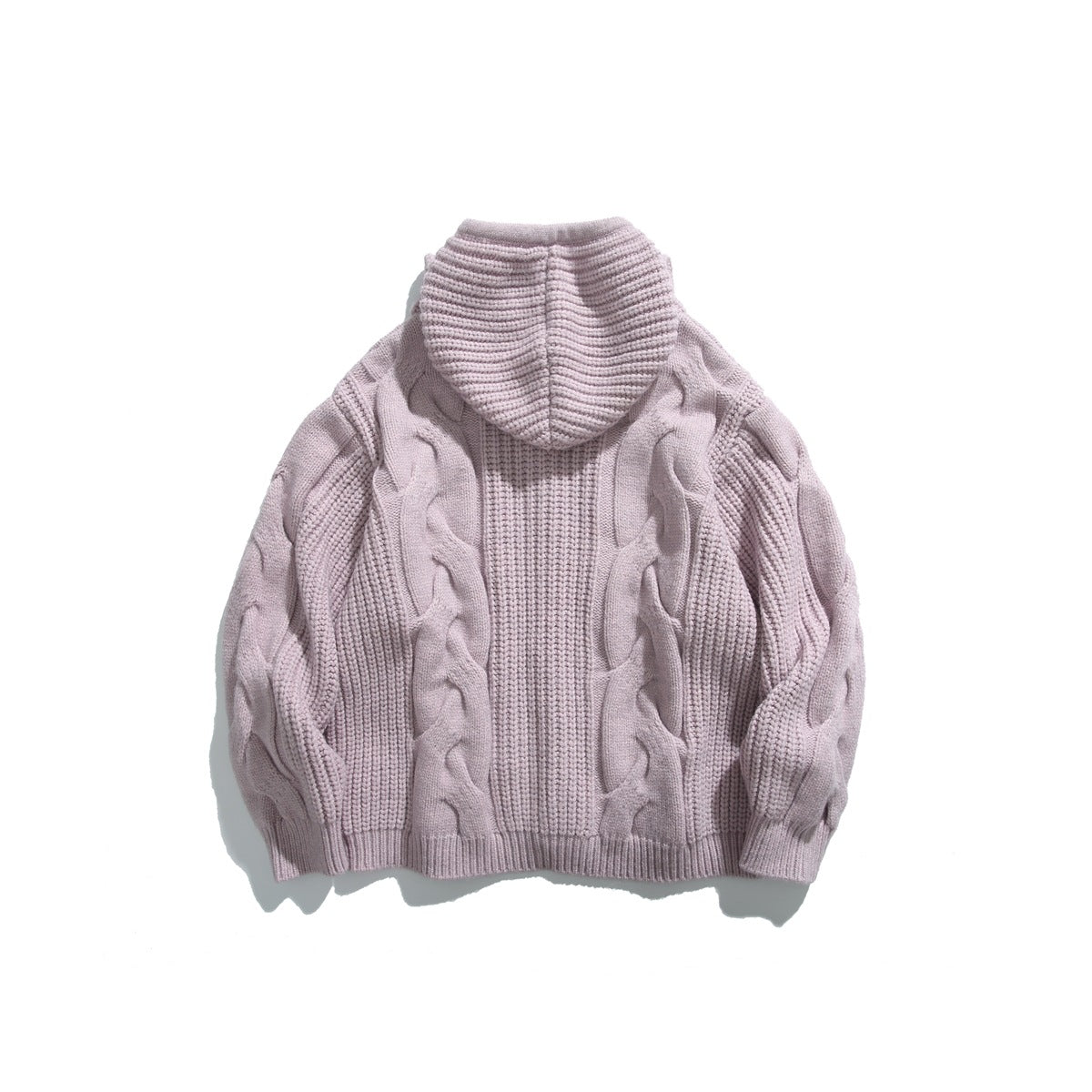 Back view of a pale mauve cable-knit sweater with a hood and ribbed cuffs and hem.