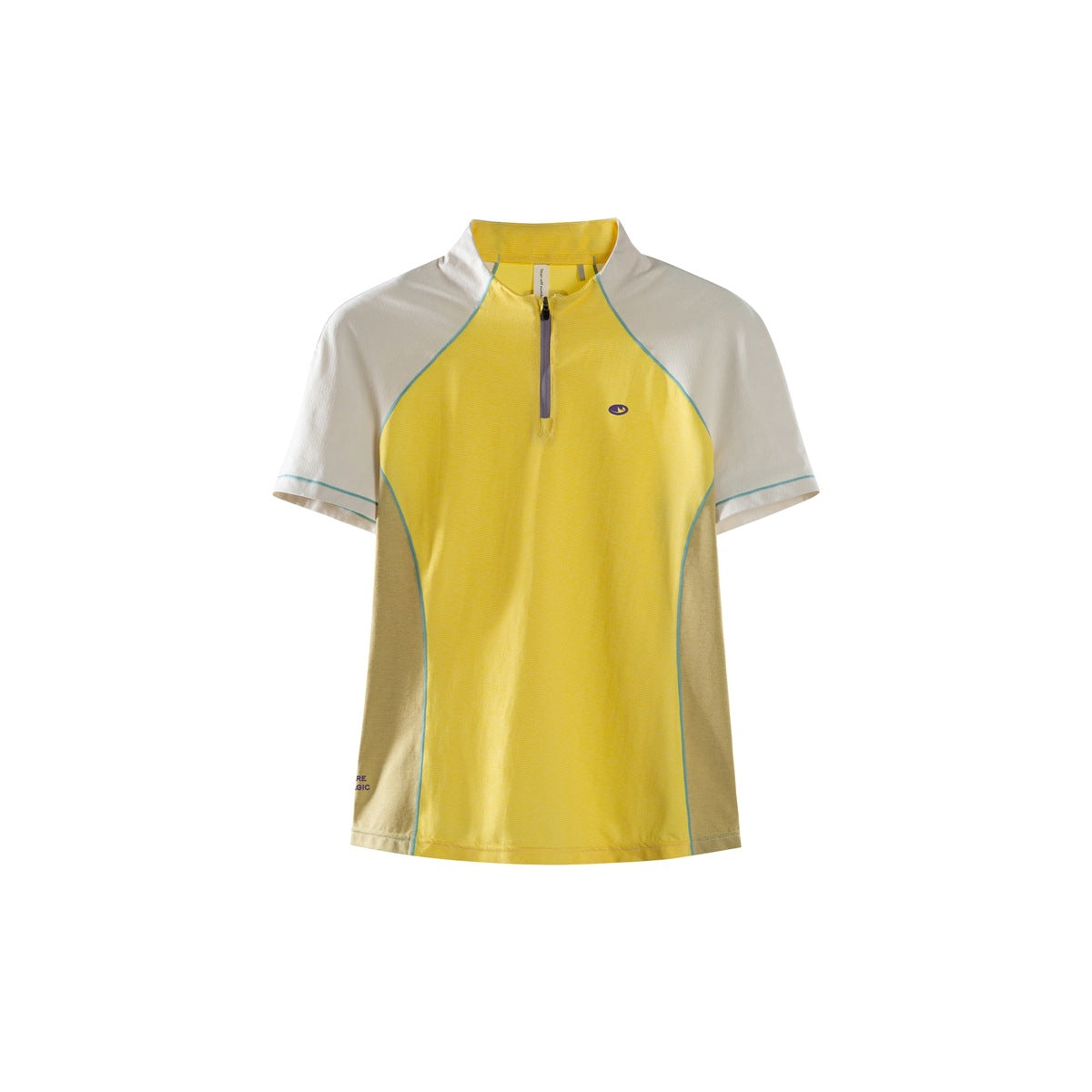 Yellow half-zip short-sleeve top with cream raglan sleeves, khaki side panels and teal piping