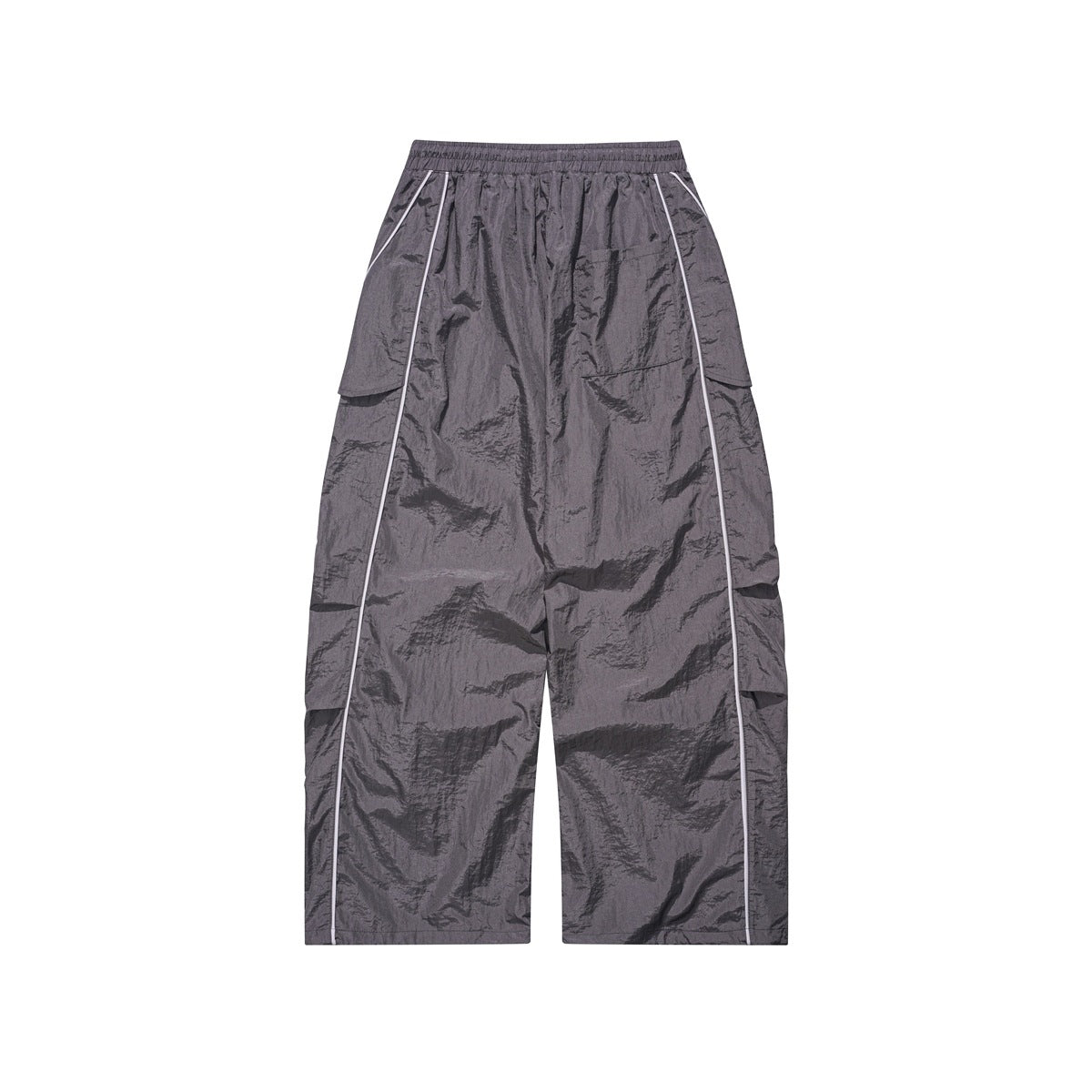 Front flat lay of charcoal gray wide-leg pants with an elastic waistband, large pockets, and white side piping.