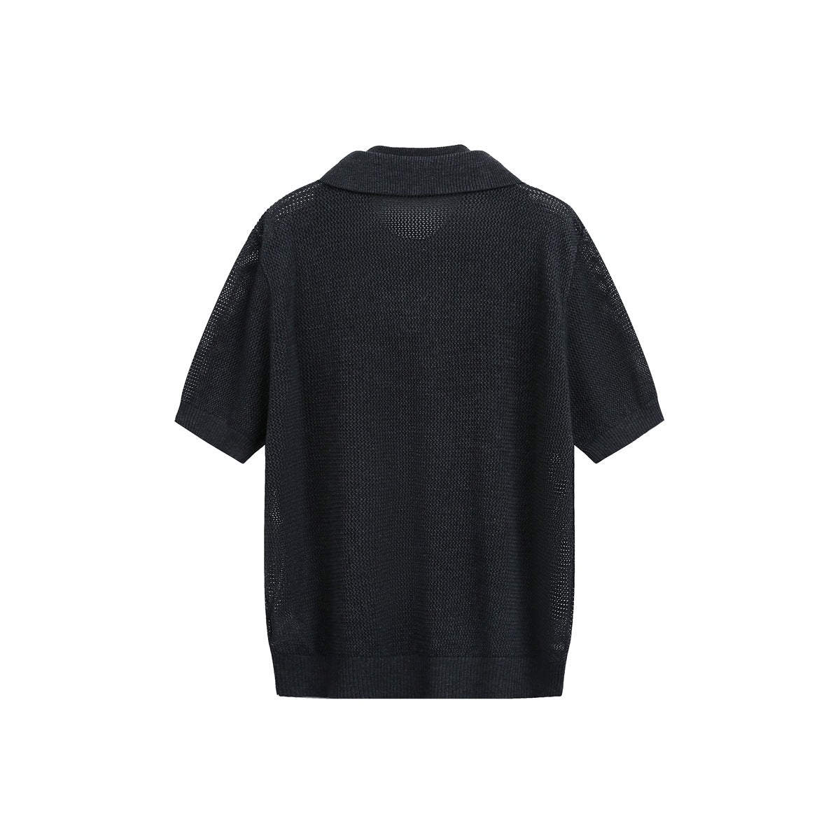 Back view of a black short-sleeve knit polo shirt with a collar and ribbed sleeve and hem edges.