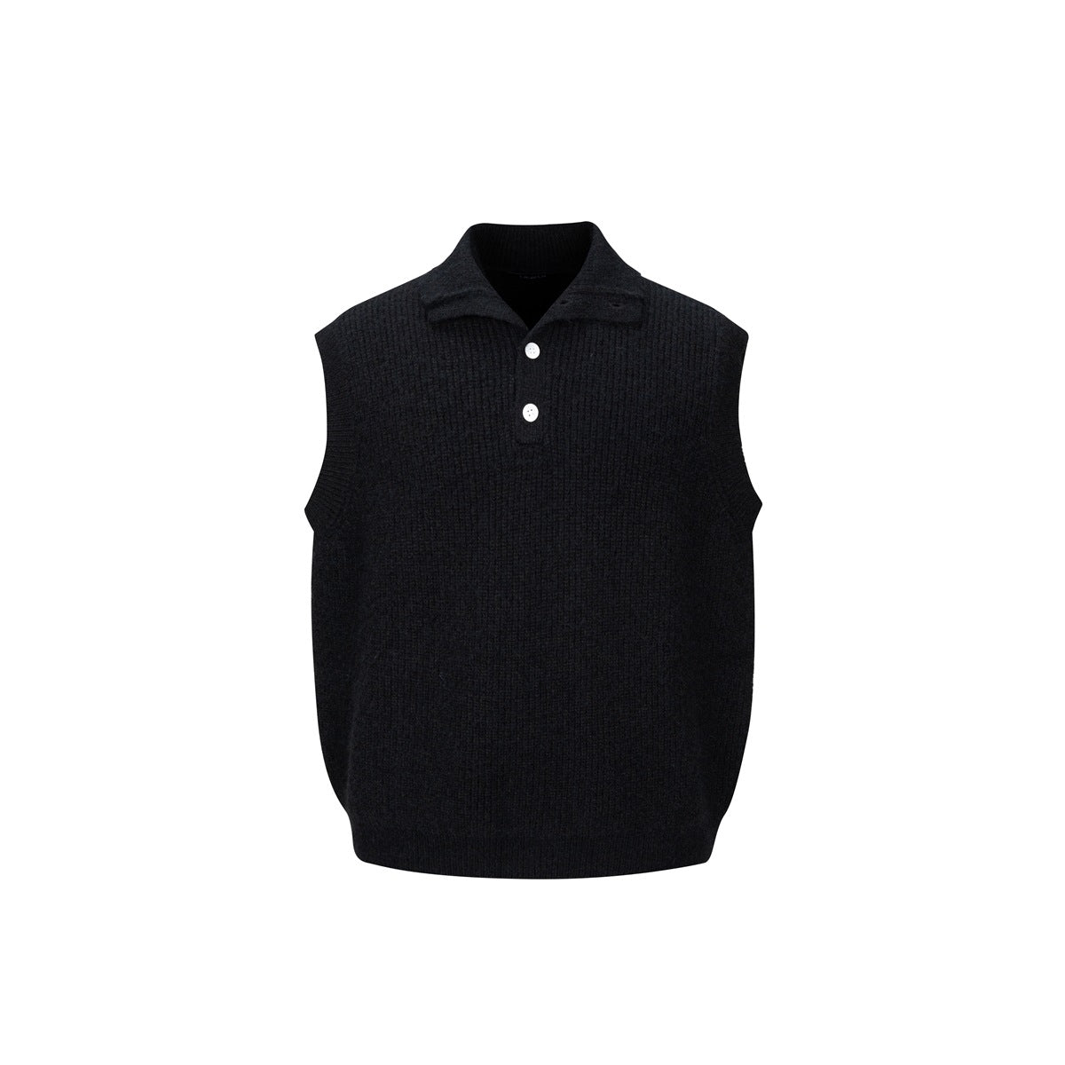 Black rib-knit sleeveless sweater vest with a spread collar and two white buttons, shown from the front.