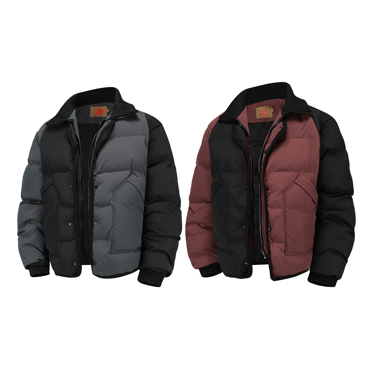 Two quilted jackets shown from the front: one charcoal gray and black, the other burgundy and black.