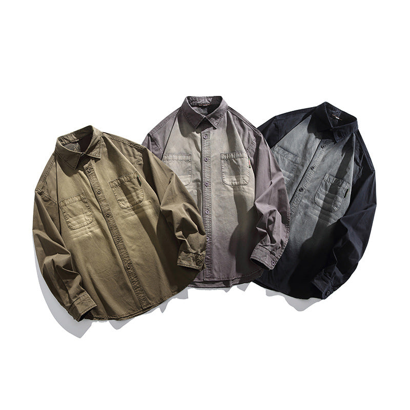 Three button-front shirts with two chest pockets, shown in olive, gray, and black colorways.
