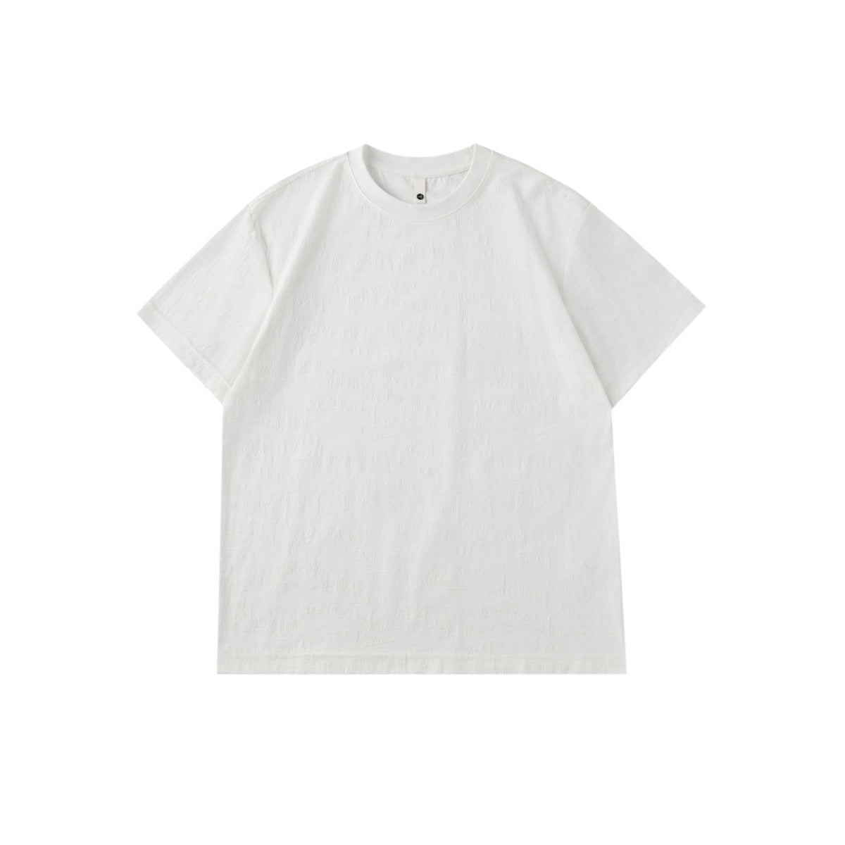 White short-sleeve crew-neck T-shirt with subtle tonal textured jacquard pattern, flat front view