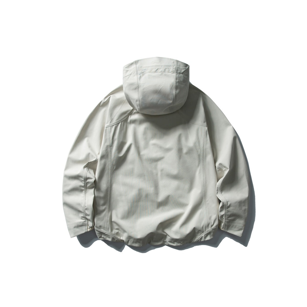 Back view of a light gray hooded jacket displayed against a white background.