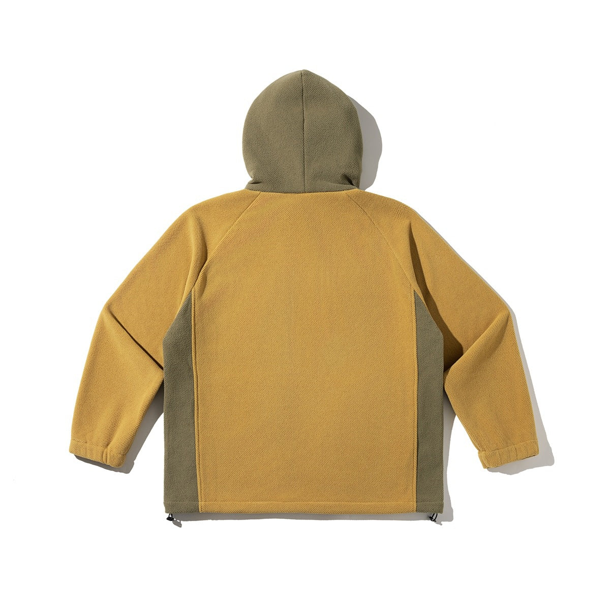Back view of a mustard hooded pullover jacket with olive side panels and an olive hood.
