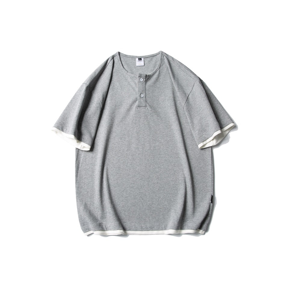 Gray short-sleeve Henley T-shirt with two buttons and white trim at the sleeves and hem, flat front view