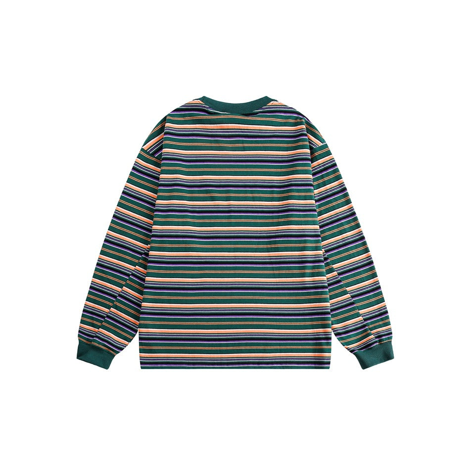 Back view of a teal long-sleeve shirt with orange, purple and white horizontal stripes and teal ribbed trim.