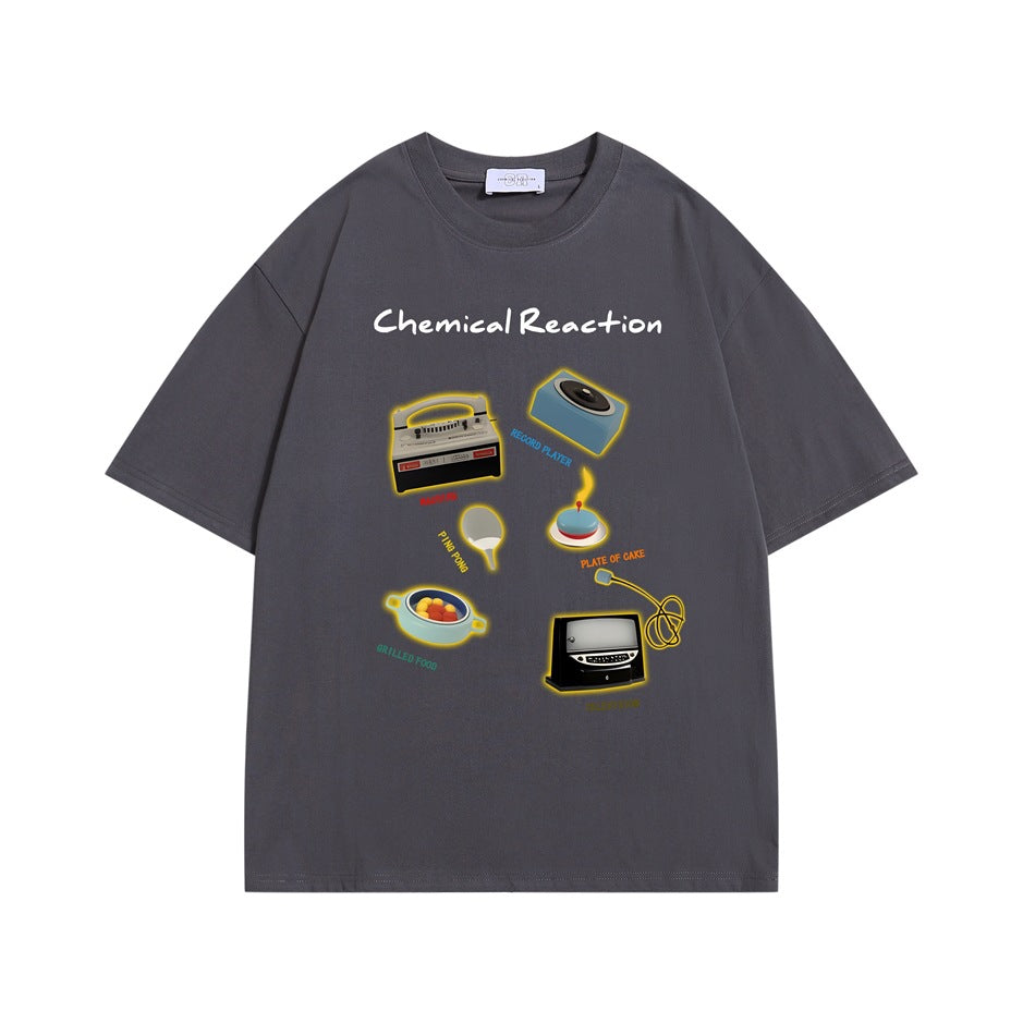 Gray short-sleeve crew-neck T-shirt with Chemical Reaction retro objects graphic on the chest