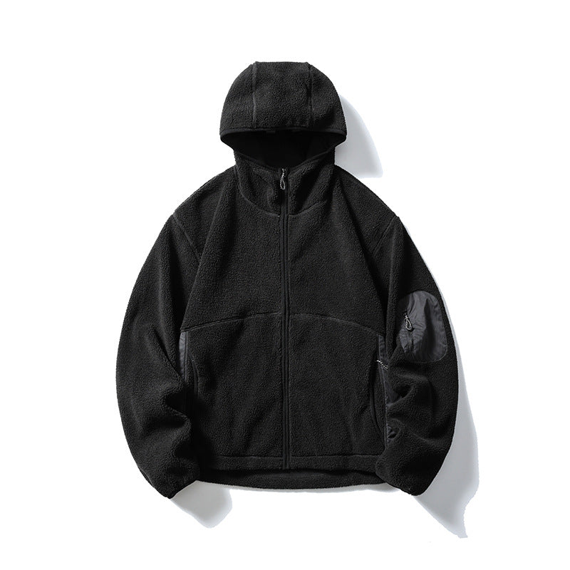 Black hooded textured pile zip jacket laid flat, front view with sleeve patch pocket