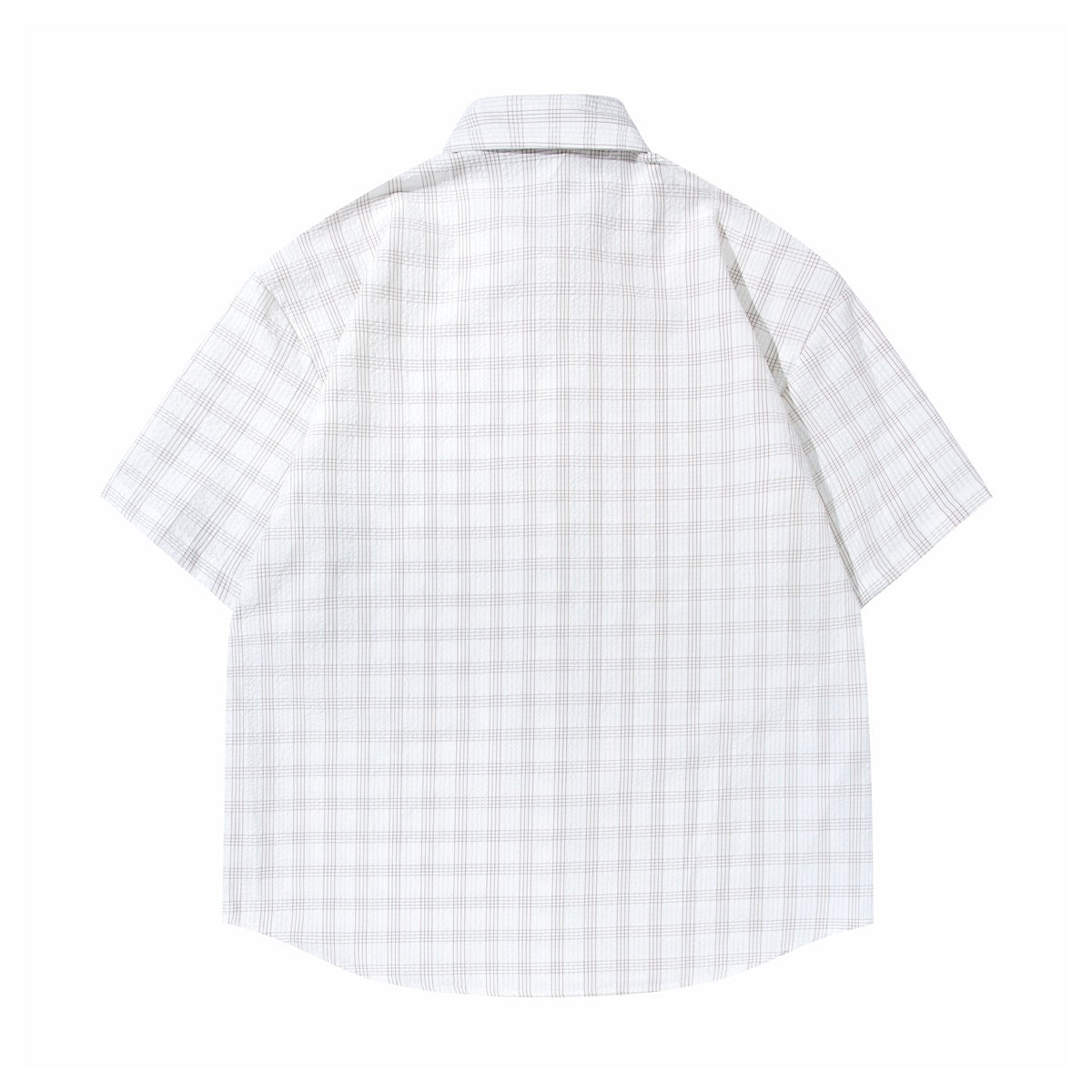 Back view of apricot-white plaid short-sleeve shirt, flat lay