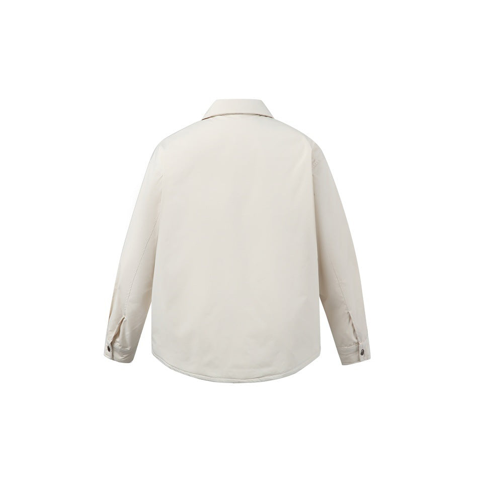 Back view of an ivory long-sleeve shirt jacket with a pointed collar and rounded hem.