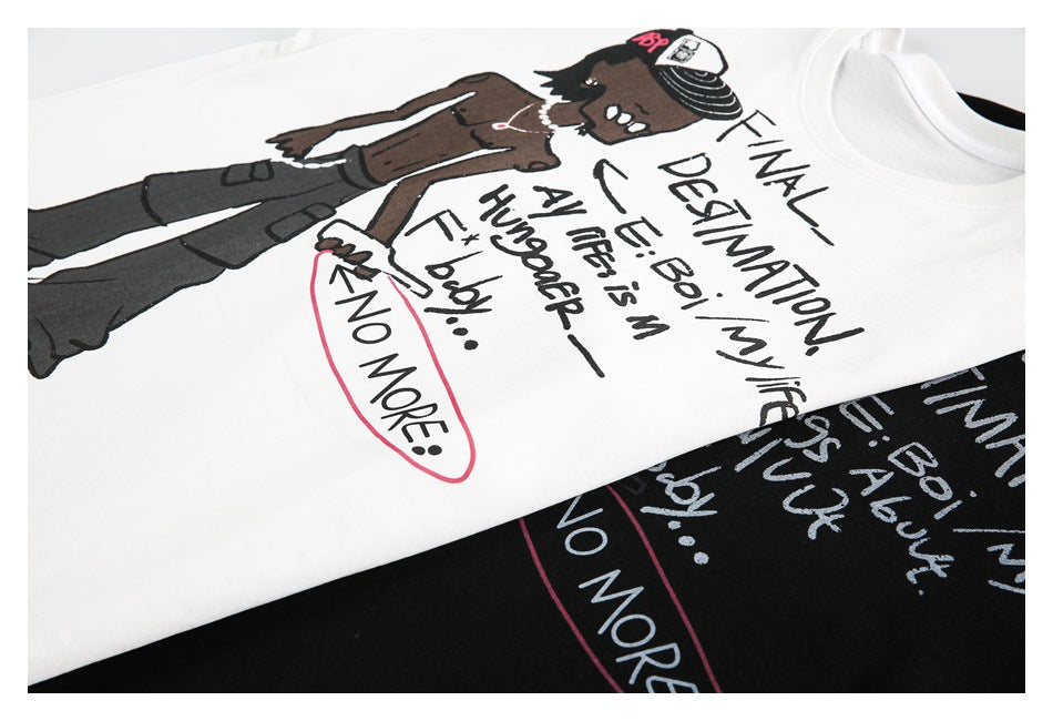 White and black T-shirts shown together with a colorful illustrated figure and handwritten-style text print.