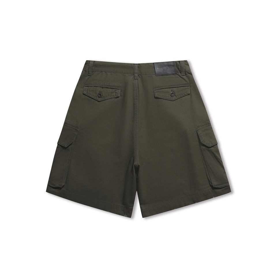 Army green cargo shorts back view with two button-flap back pockets and side cargo pockets