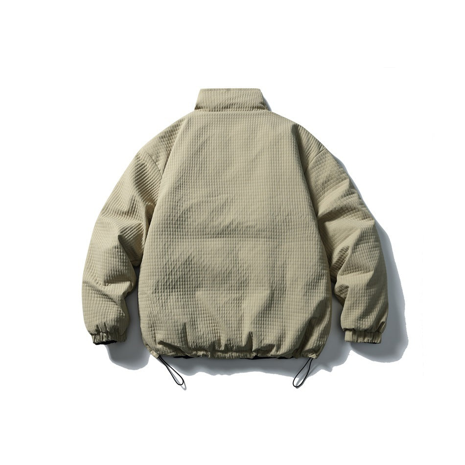 Back view of khaki waffle-texture stand-collar jacket with elastic cuffs and drawcord hem ends