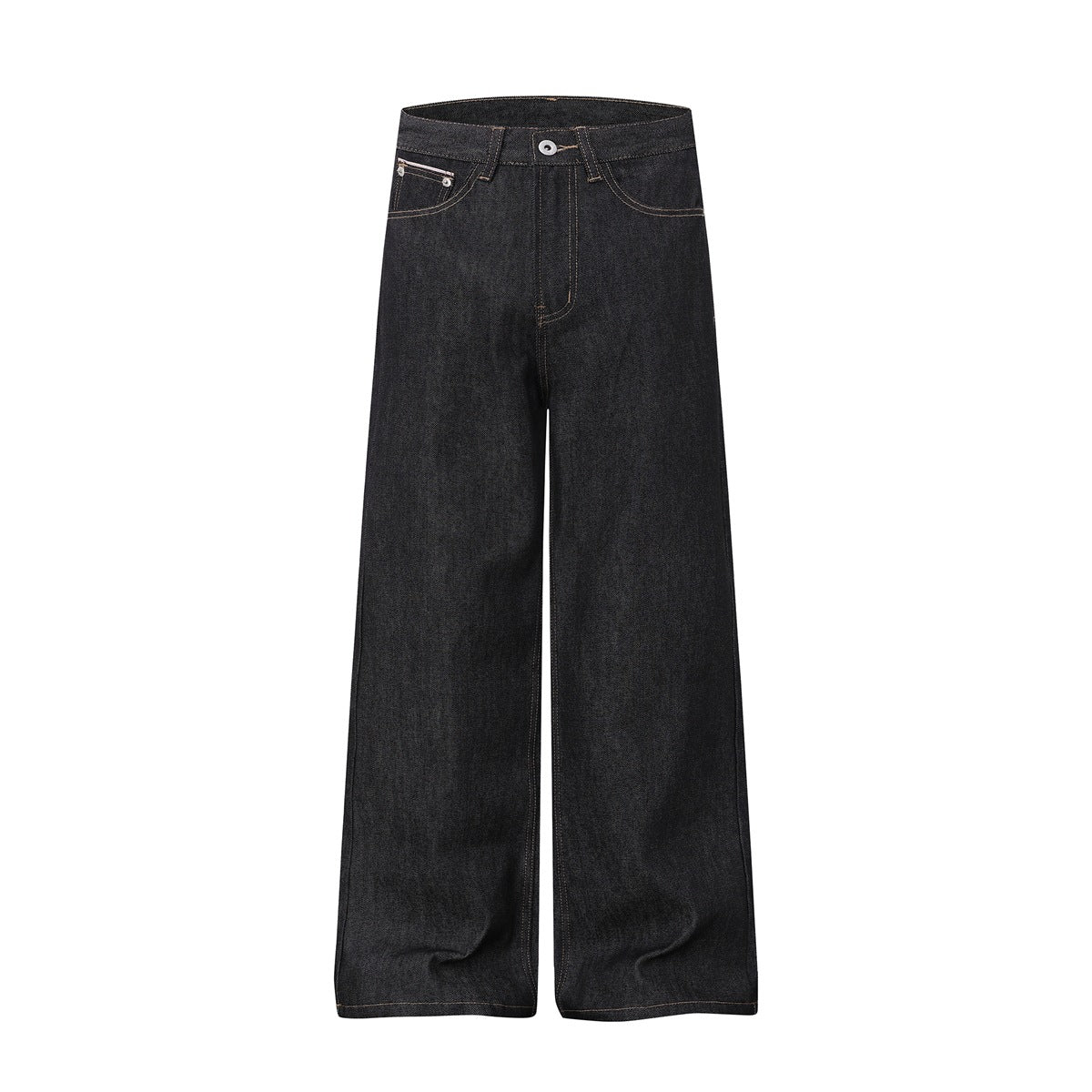 Black wide-leg denim jeans flat front view with tan topstitching and button fly