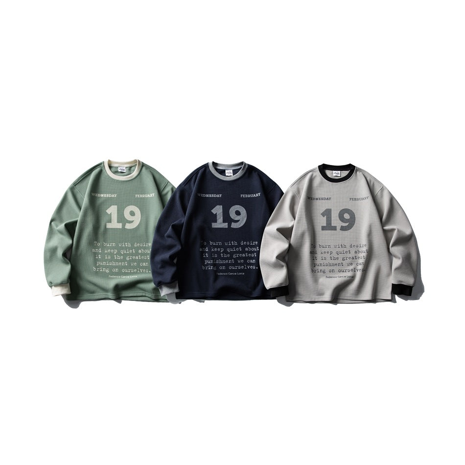 Three crewneck sweatshirts shown from the front in sage green, navy, and light gray, each with a large 19 graphic.