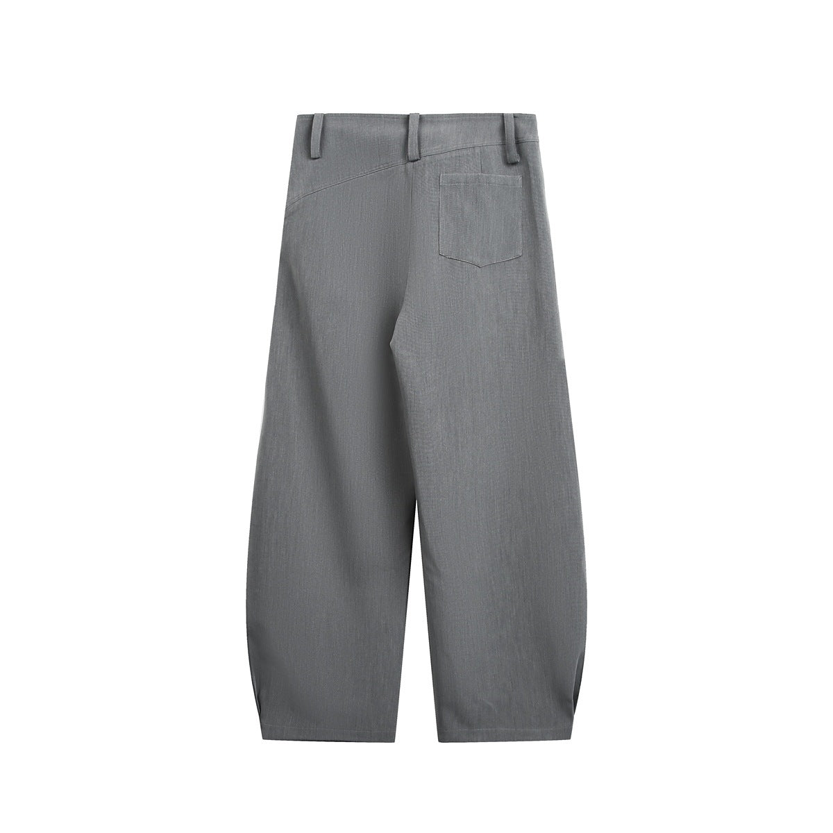 Back view of wide-leg gray trousers with belt loops, a curved yoke seam, and one patch pocket.