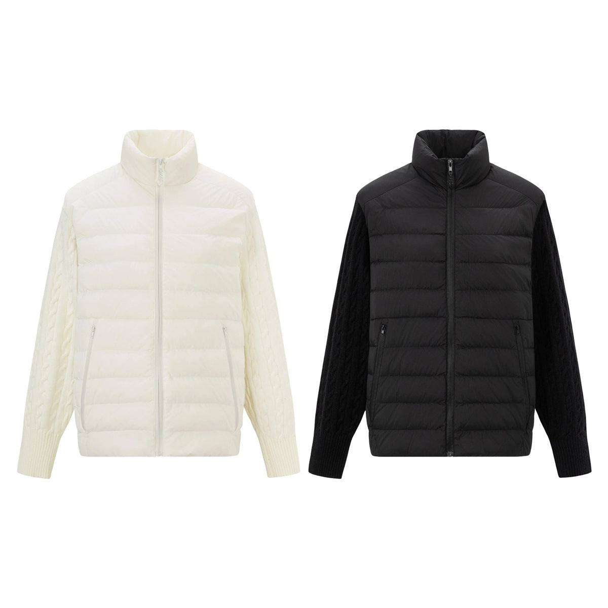 Front views of a cream and a black jacket with quilted bodies, knit sleeves, stand collars, and front zippers.