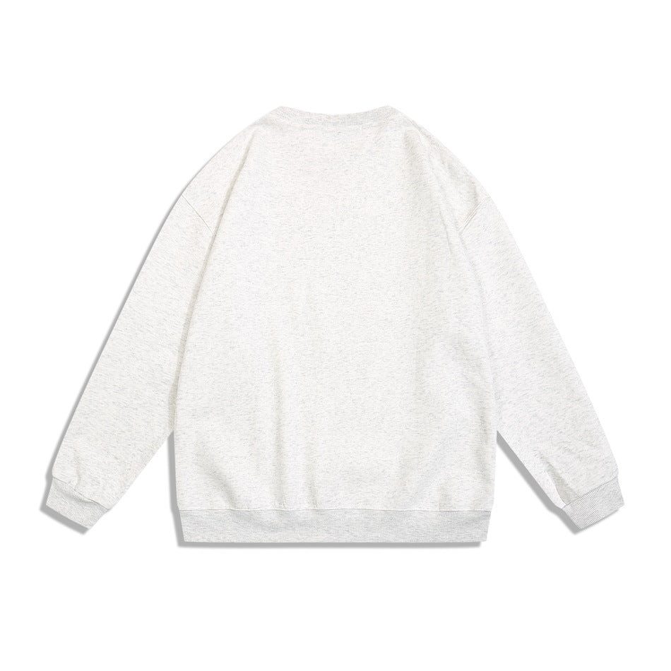 Back view of a light heather gray crewneck sweatshirt with long sleeves and ribbed cuffs and hem.