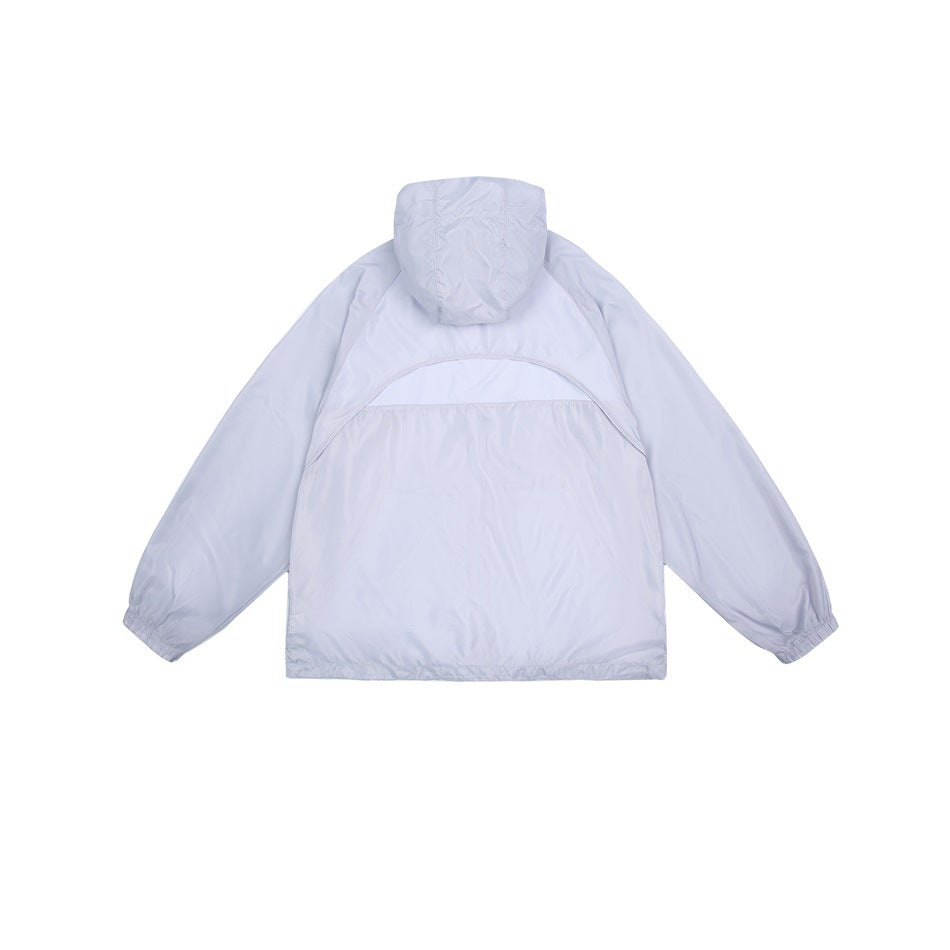 Back view of a pale lavender hooded jacket with a curved mesh panel across the upper back.