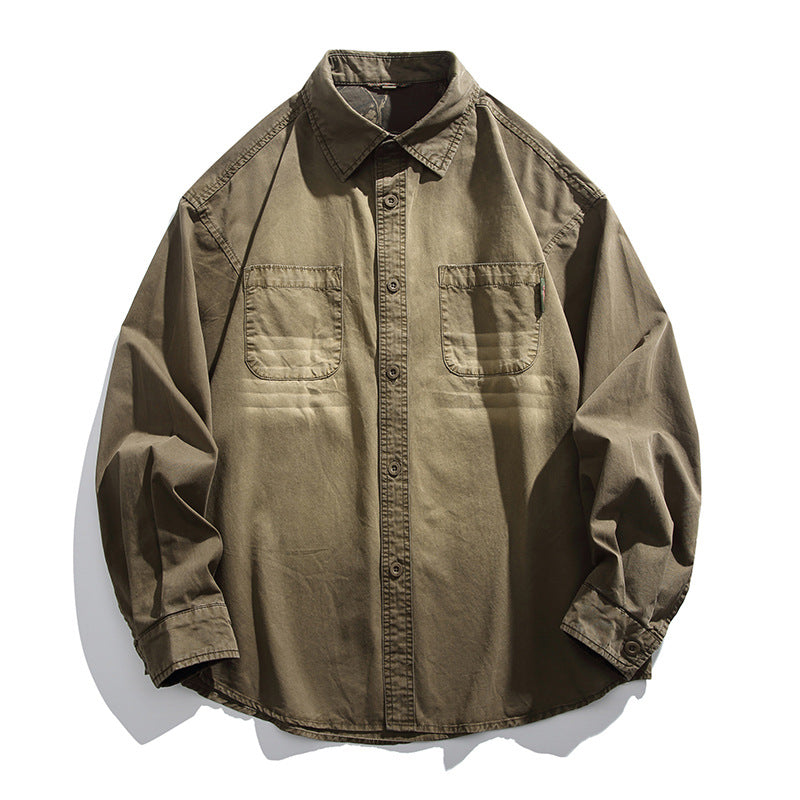 Rust olive-brown long-sleeve button-up work shirt with two chest pockets and a washed fade on the lower body
