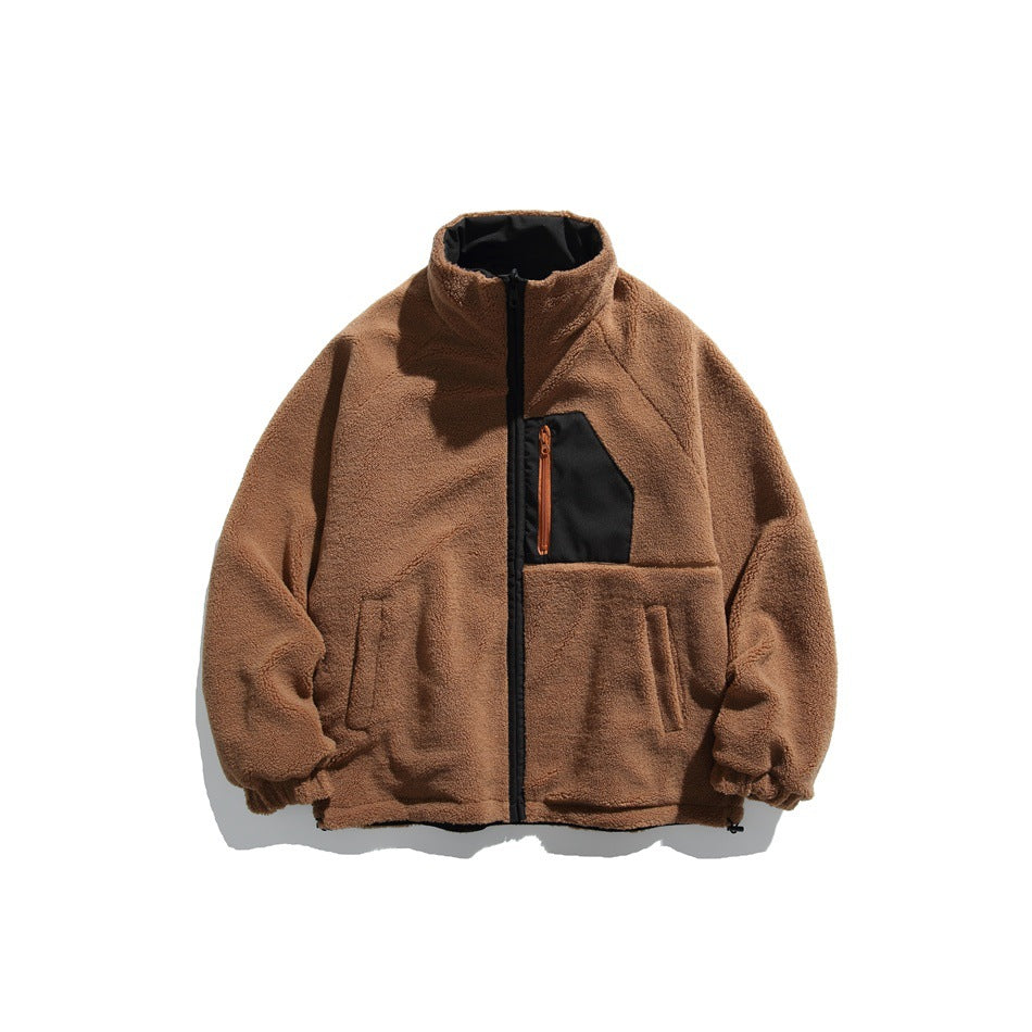 Front view of a brown fleece jacket with a black full-length zipper, chest pocket and two hand pockets.