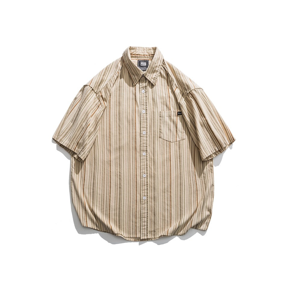 Khaki vertical-striped short-sleeve button-up shirt with chest pocket, flat lay front view