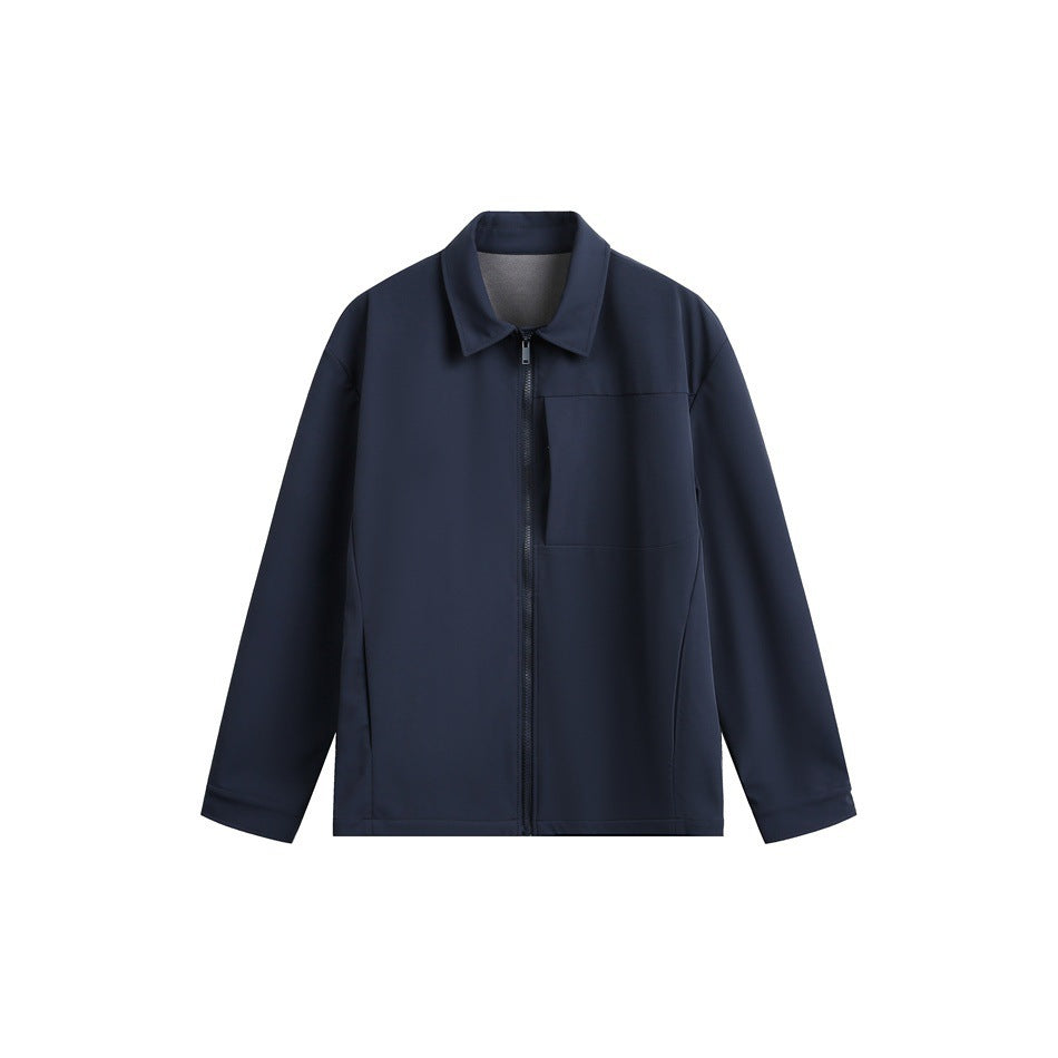 Navy collared zip-front jacket with chest pocket, flat lay front view on white background