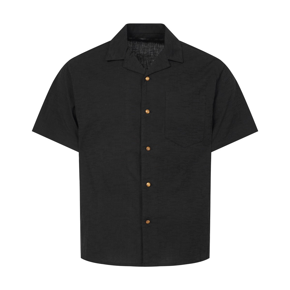 Black short-sleeve camp collar shirt with gold-tone buttons and chest pocket, flat front view