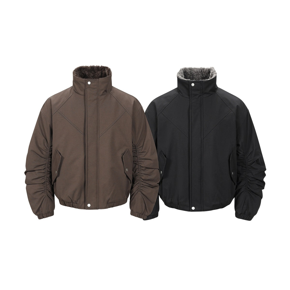 Two jackets shown from the front: one brown and one black, both with plush-lined collars and gathered sleeves.