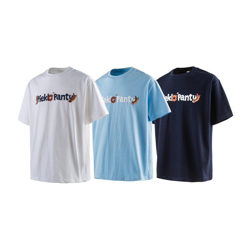 Three short-sleeve crew-neck graphic T-shirts shown in white, light blue, and navy.