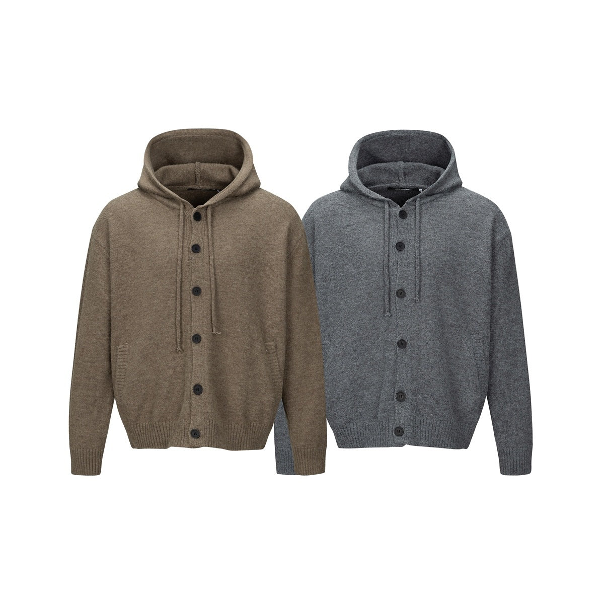 Front view of two button-front knit hoodies, one taupe and one gray, with drawstrings and pockets.