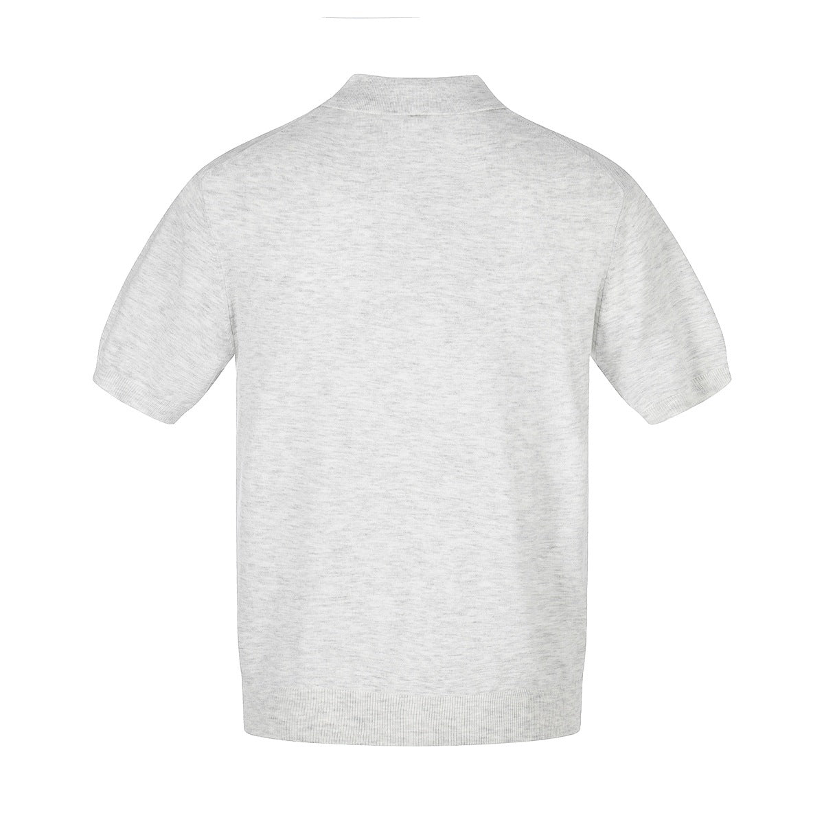 Back view of a light heather gray short-sleeve knit polo with ribbed collar, cuffs, and hem.