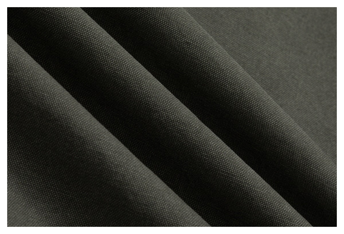 Extreme close-up showing the textured weave of olive-gray jacket fabric.