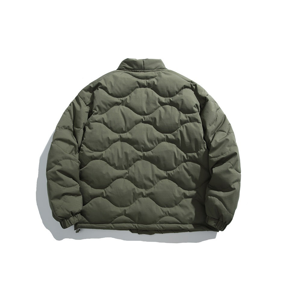 Back view of an olive-green quilted jacket with a stand collar, elastic cuffs and a wavy stitched pattern.