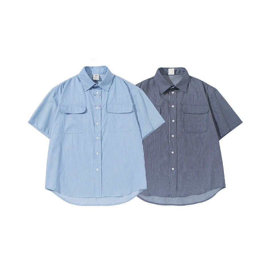 Two short-sleeved striped button-up shirts shown from the front in light blue and dark navy.