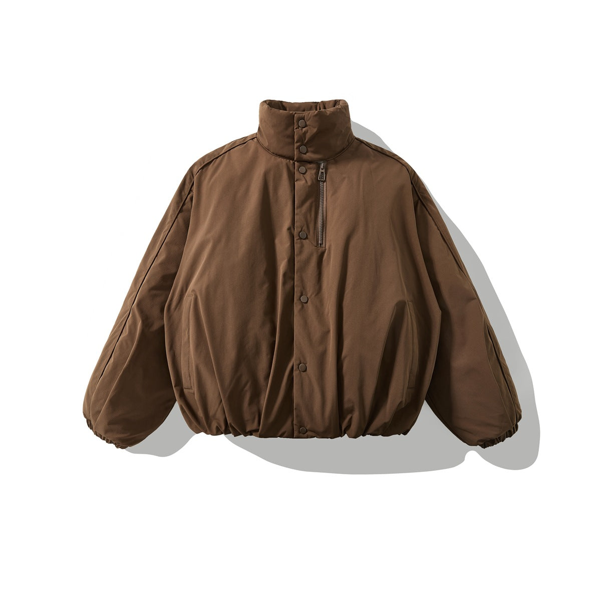 Coffee brown stand-collar puffy jacket flat lay with snap placket, chest zip pocket and elastic cuffs