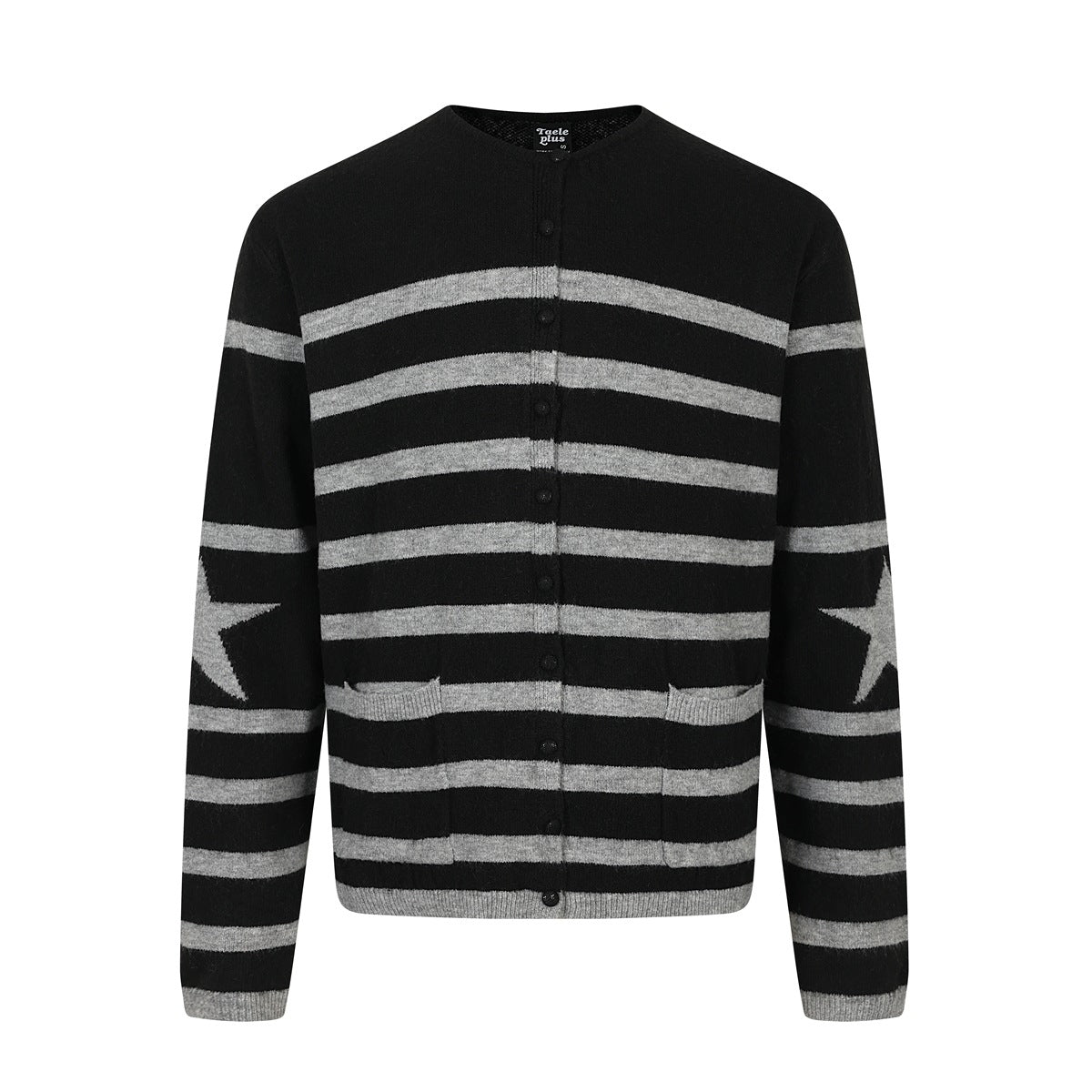 Front of black cardigan with gray horizontal stripes, black buttons, two patch pockets and gray star on each sleeve