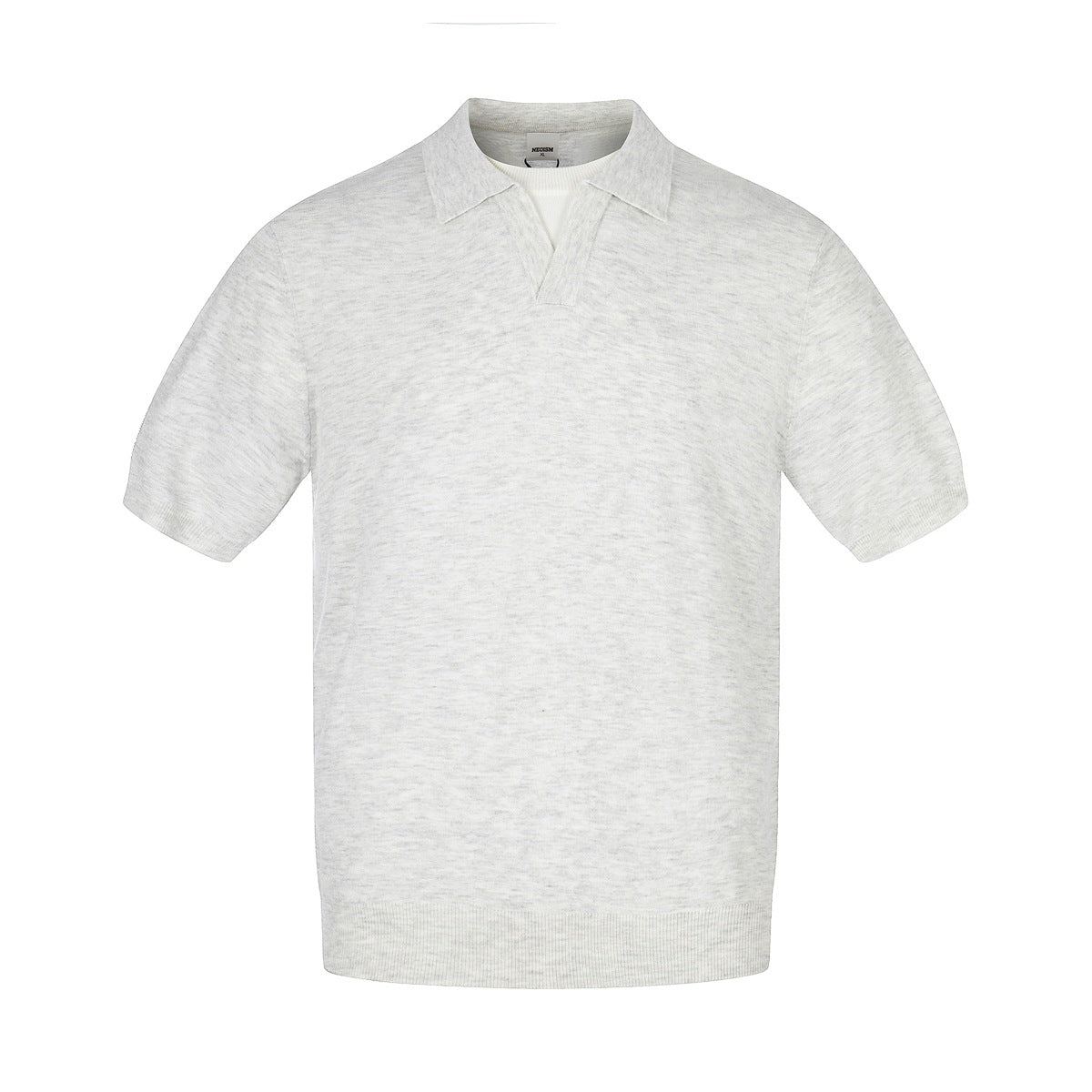 Light heathered gray short-sleeve knit polo with open V collar, white inner neckline and ribbed hem, flat front view