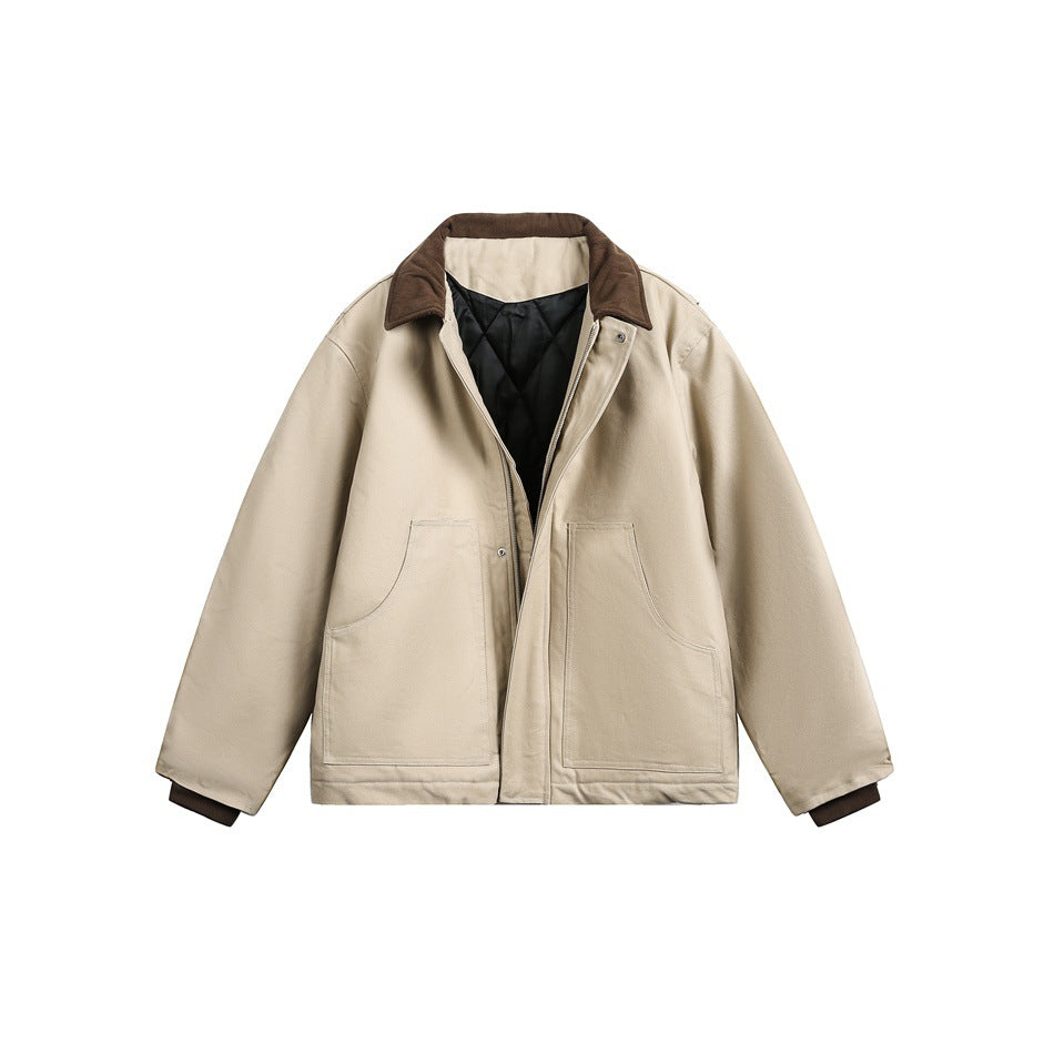 Beige jacket displayed flat, with a brown collar and cuffs, black quilted lining, front closure, and two patch pockets.
