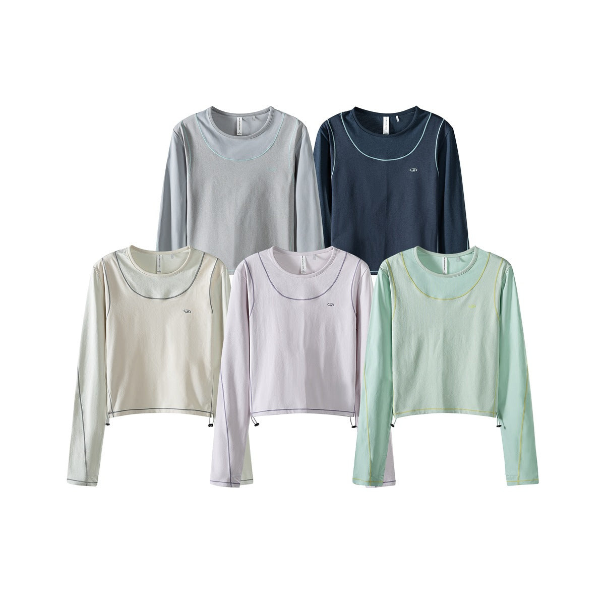 Five long-sleeve tops in gray, navy, cream, pale lavender, and mint, shown from the front with contrast piping.
