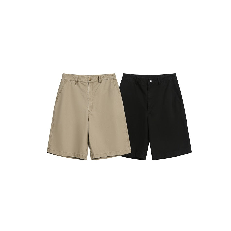 Front views of knee-length shorts in light tan and black, shown side by side.