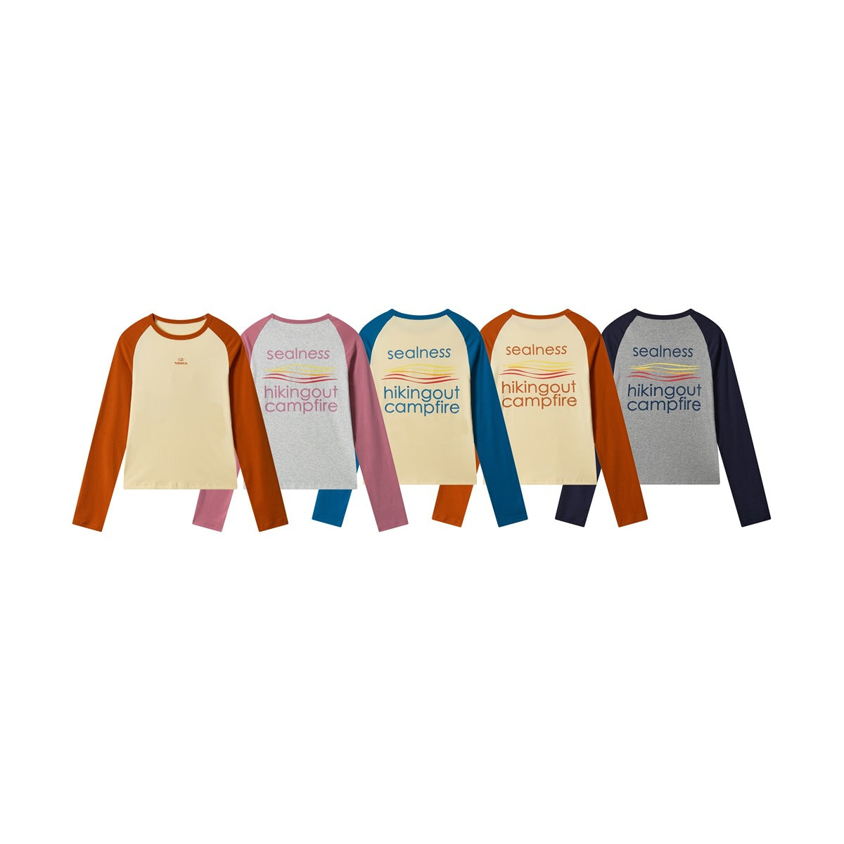 Five long-sleeve raglan shirts in cream, gray, pink, rust, blue, and navy color combinations.