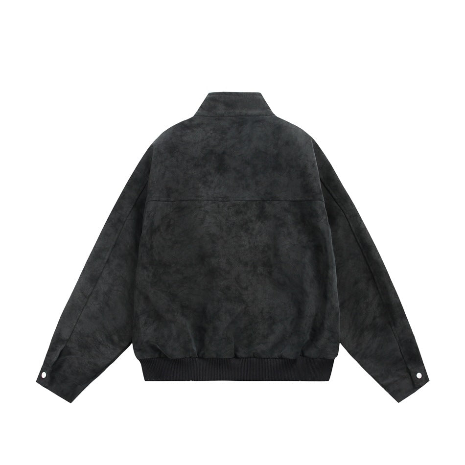Back view of a charcoal black jacket with a stand collar, long sleeves, and ribbed hem.